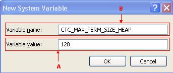 10. Datilografe o 128 no campo de valor variável (veja a seta A em figura 4).Figura 4? Variável de sistema novo: CTC_MAX_PERM_SIZE_HEAP 11.