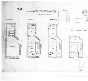 Projeto de ampliação do Prédio da Amparadora, com 2 pranchas: 1 fachada frontal; e 2 Plantas dos 5 pavimentos.