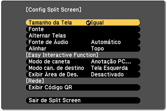 1. Pressione o botão Split do controle remoto. A fonte de entrada selecionada no momento move-se para o lado esquerdo da tela. 2. Pressione o botão Menu. Você verá a seguinte tela: 3.