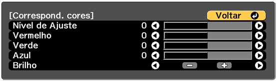 Você verá a seguinte tela: Ajuste de RGBCMY 6. Aperte o botão de seta para a esquerda ou para a direita para selecionar um valor para a configuração Nível de Ajuste.