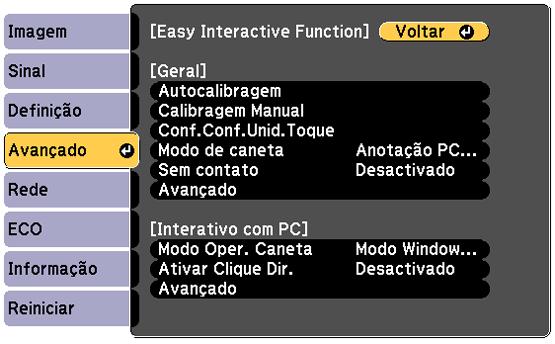 2. Pressione o botão Menu, selecione o menu Avançado e pressione Enter.