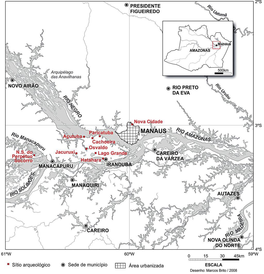 Cerâmicas Arqueológicas da Amazônia AMAZÔNIA CENTRAL Figura 1. Mapa da área de pesquisa, com sítios estudados (Lima, 2008).