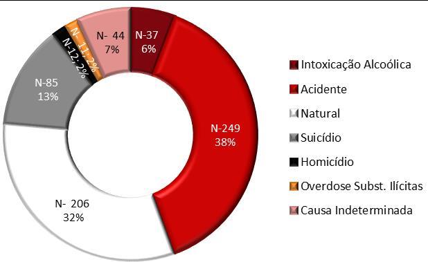 Relatório Anual 2015 A Situação do País em Matéria de Álcool Em 2015, dos 926 óbitos positivos para o álcool, cerca de 70% (644) tinham informação sobre a causa de morte direta e etiologia