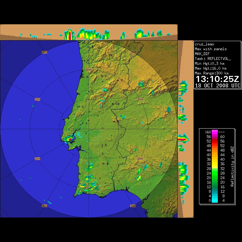 Figura 9a -Imagem radar dos máximos de reflectividade (dbz), das 13h10 UTC, 18/10/2008 Figura 9b - Imagem radar de precipitação acumulada na hora