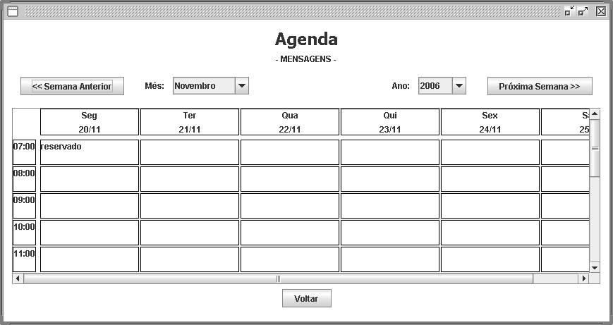 reservado no horário do agendamento. O diagrama de classes da feature Agendamento pode ser visto na Figura 4.7. Todas as classes, exceto Agendamento, são classes que compõem a GUI. Figura 4.6: Interface do Agendamento Etapa 1 As classes de Agendamento (Figura 4.