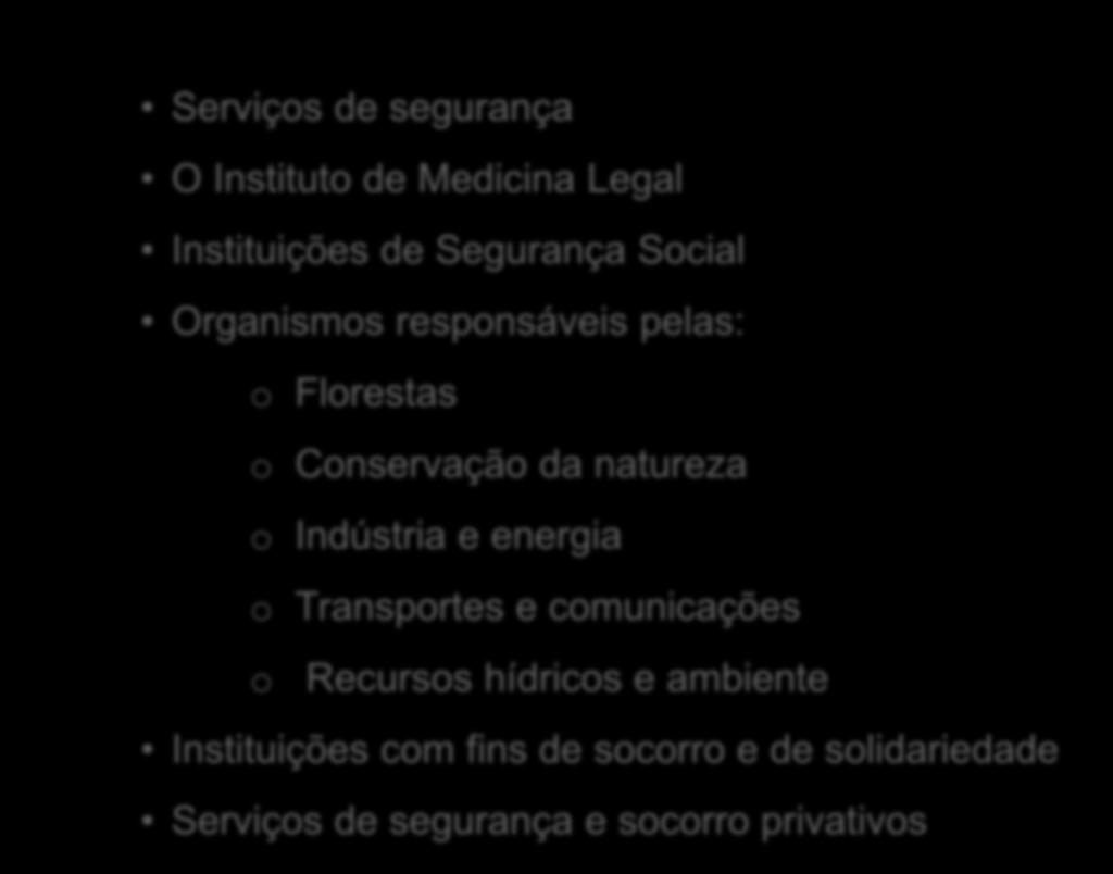 Agentes com especial dever de colaboração Serviços de segurança O Instituto de Medicina Legal Instituições de Segurança Social Organismos responsáveis pelas: o Florestas o Conservação