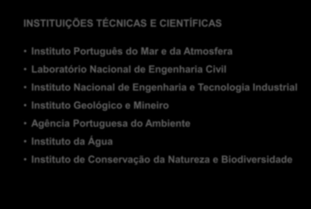 Agentes com especial dever de colaboração INSTITUIÇÕES TÉCNICAS E CIENTÍFICAS Instituto Português do Mar e da Atmosfera Laboratório Nacional de Engenharia Civil Instituto