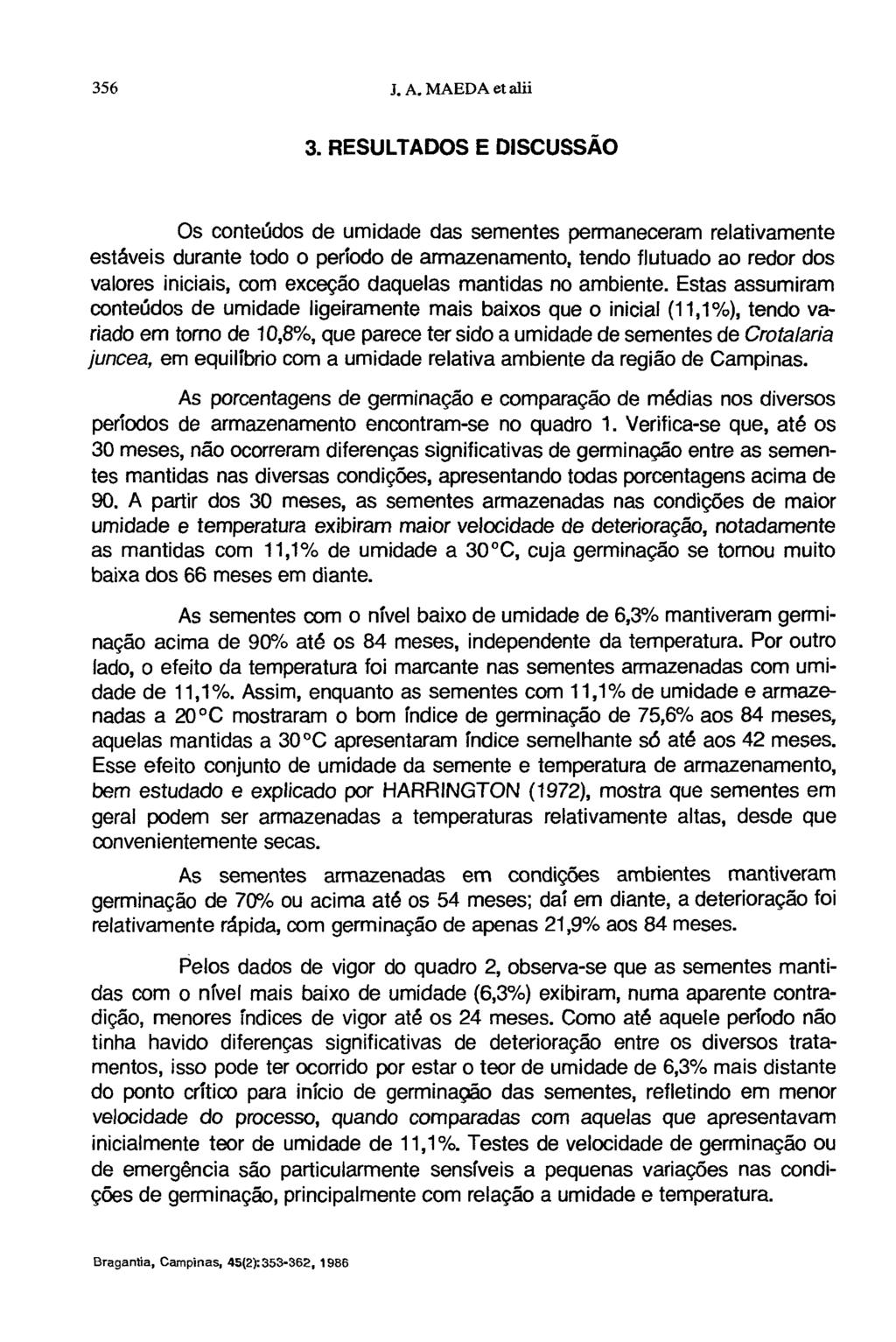 3. RESULTADOS E DISCUSSÃO Os conteúdos de umidade das sementes permaneceram relativamente estáveis durante todo o período de armazenamento, tendo flutuado ao redor dos valores iniciais, com exceção