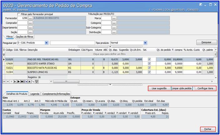 4.5 Clique o botão Usar sugestão para que a quantidade do pedido seja sugerida automaticamente; 4.