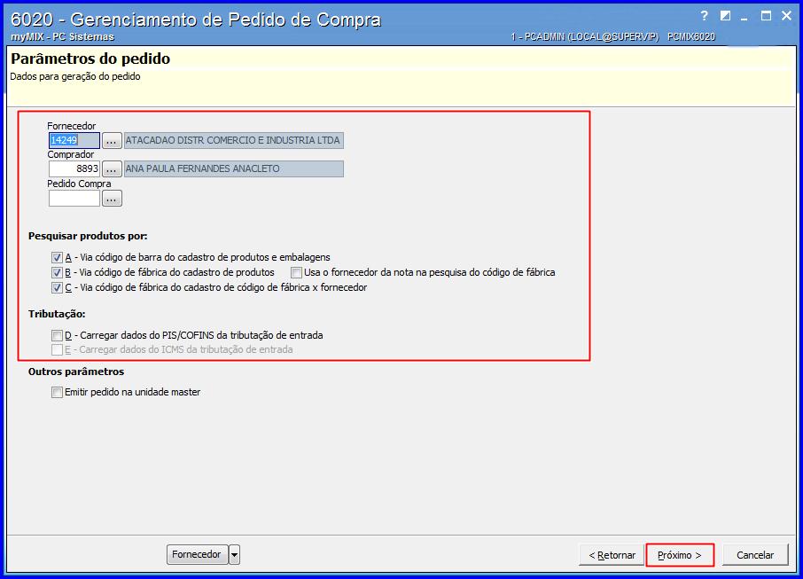 2.2.7 Selecione as demais opções conforme necessidade, em seguida clique o botão Próximo; Observação: as opções D - Carregar dados do PIS/CONFINS da tributação de entrada e E - Carregar dados do ICMS