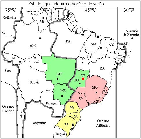 Fusos horários do Brasil Os Estados do Mato Grosso e Mato Grosso do Sul assumem o horário do Fuso de 45 W (-3h GMT) A