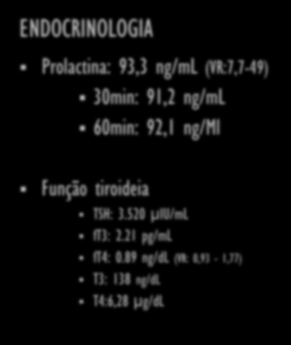 CASO CLÍNICO ENDOCRINOLOGIA Prolactina: 93,3 ng/ml (VR:7,7-49) 30min: 91,2 ng/ml 60min: 92,1