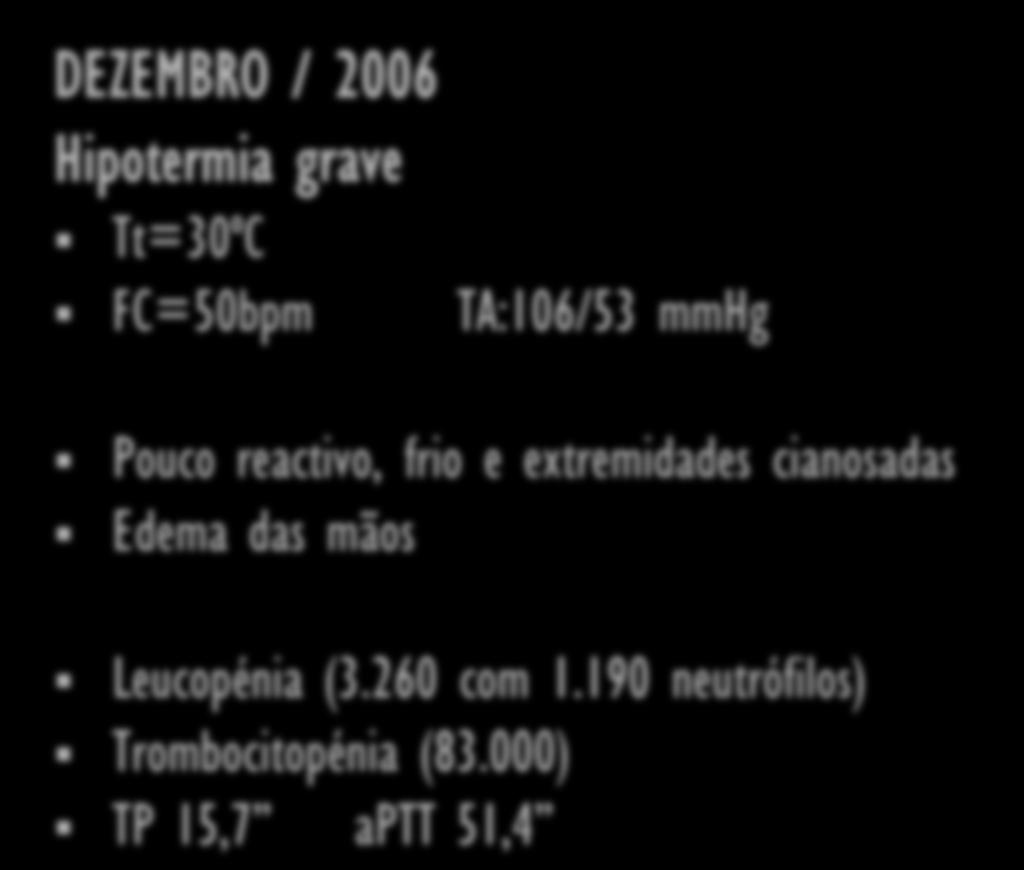 CASO CLÍNICO DEZEMBRO / 2006 Hipotermia grave Tt=30ºC FC=50bpm TA:106/53 mmhg Pouco reactivo, frio e