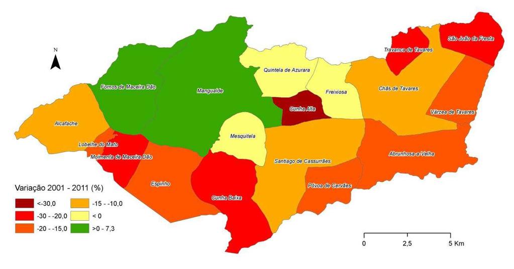 Figura nº 2 Taxa de Variação da População 2001-2011 Fonte: Instituto Nacional de Estatística Censos 2001 e 2011 Quadro nº4 População Residente por Freguesia Freguesias Homens Mulheres Total