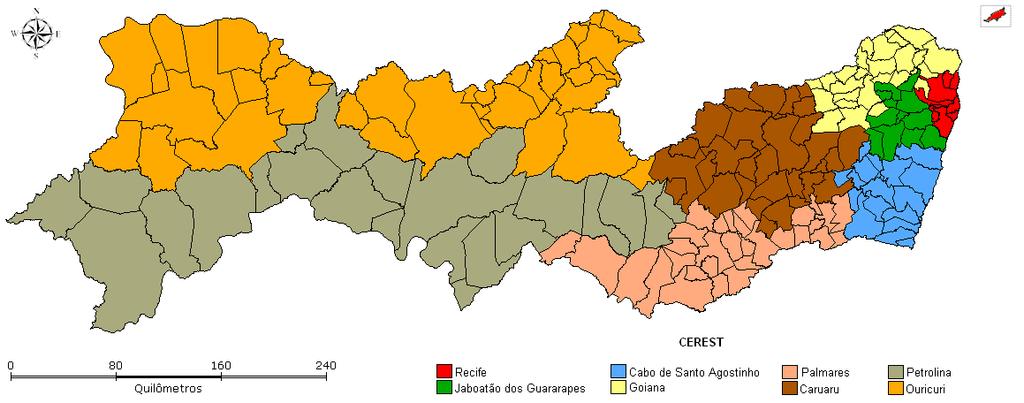 Perfil Socioeconômico, Demográfico e Epidemiológico de Pernambuco Figura 97 Área de cobertura dos Cerest em Pernambuco Fonte: Secretaria Estadual de Saúde/Sinan Além dos Cerest Pernambuco conta com