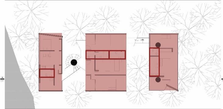 Os Blocos 02, 03 e 04 abrigam no pavimento inferior, invariavelmente, o setor íntimo, estando os blocos 02 e 03 conectados por uma mesma circulação vertical e Bloco 4, isolado, acessado por um