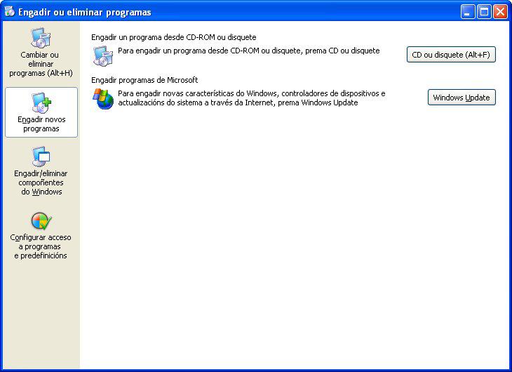 Windows XP dispón para iso no Panel de Control dunha utilidade denominada Agregar ou Eliminar Programas que guiará ao usuario, a modo de asistente, nos pasos a seguir para a instalación de