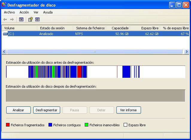 O desfragmentador de disco de Windows XP encárgase de comprobar o estado de fragmentación dos arquivos do disco duro e posteriormente reordena todos os fragmentos en áreas consecutivas de disco.