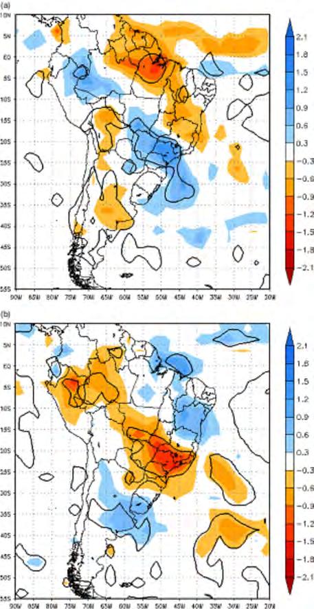 Figura 5.12 - Compostos de anomalia temporal de precipitação (mm.dia-1) em DJF (colorido): (a) verões extremos chuvosos e (b) verões extremos secos. Contorno: áreas com 90% de significância.