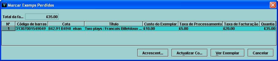 Automaticamente o exemplar é removido da lista de exemplares emprestados ao utilizador e é inserida no registo de exemplar - Preparar factura de reposição - Cobrar a totalidade ou parte da factura,