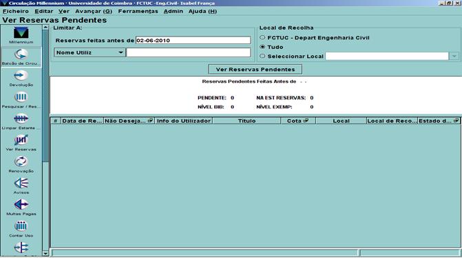 6. LIMPAR ESTANTE DE RESERVAS Serve para eliminar todos os exemplares cuja data de recolha de reserva já expirou ou por regra da biblioteca.