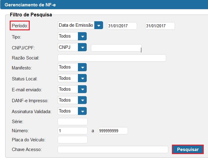 Na tela de Gerenciamento, você pode pesquisar as NF-es utilizando os filtros