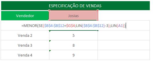 Passo 2 MENOR Agora eu quero dizer ao Excel que dos valores que ele encontrou, que ele me retorne o menor =MENOR(SE($B$4:$B$12=$G$4;LIN($B$4:$B$12)-3);LIN(A1)) Veja que a única parte da fórmula com