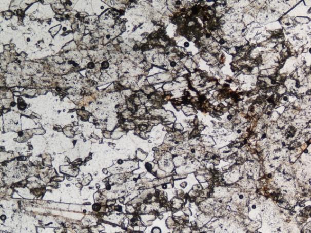 Figura 15 - Foto da talisca da lâmina SK2-B Spn Spn Cpx Cpx Qz Czo Qz Czo 1 mm 1 mm Figura 16 e17 - Aspeto geral da amostra SK2, vendo-se grãos de clinozoisite definindo a anisotropia tectónica.