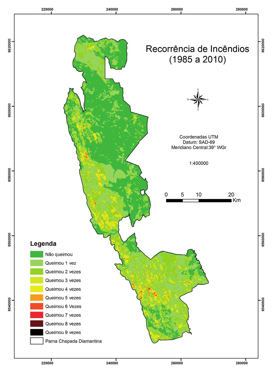 164 Número Temático: Ecologia e Manejo de Fogo em Áreas Protegidas Figura 1 Mapa das recorrências de incêndios no Parque Nacional da Chapada Diamantina entre