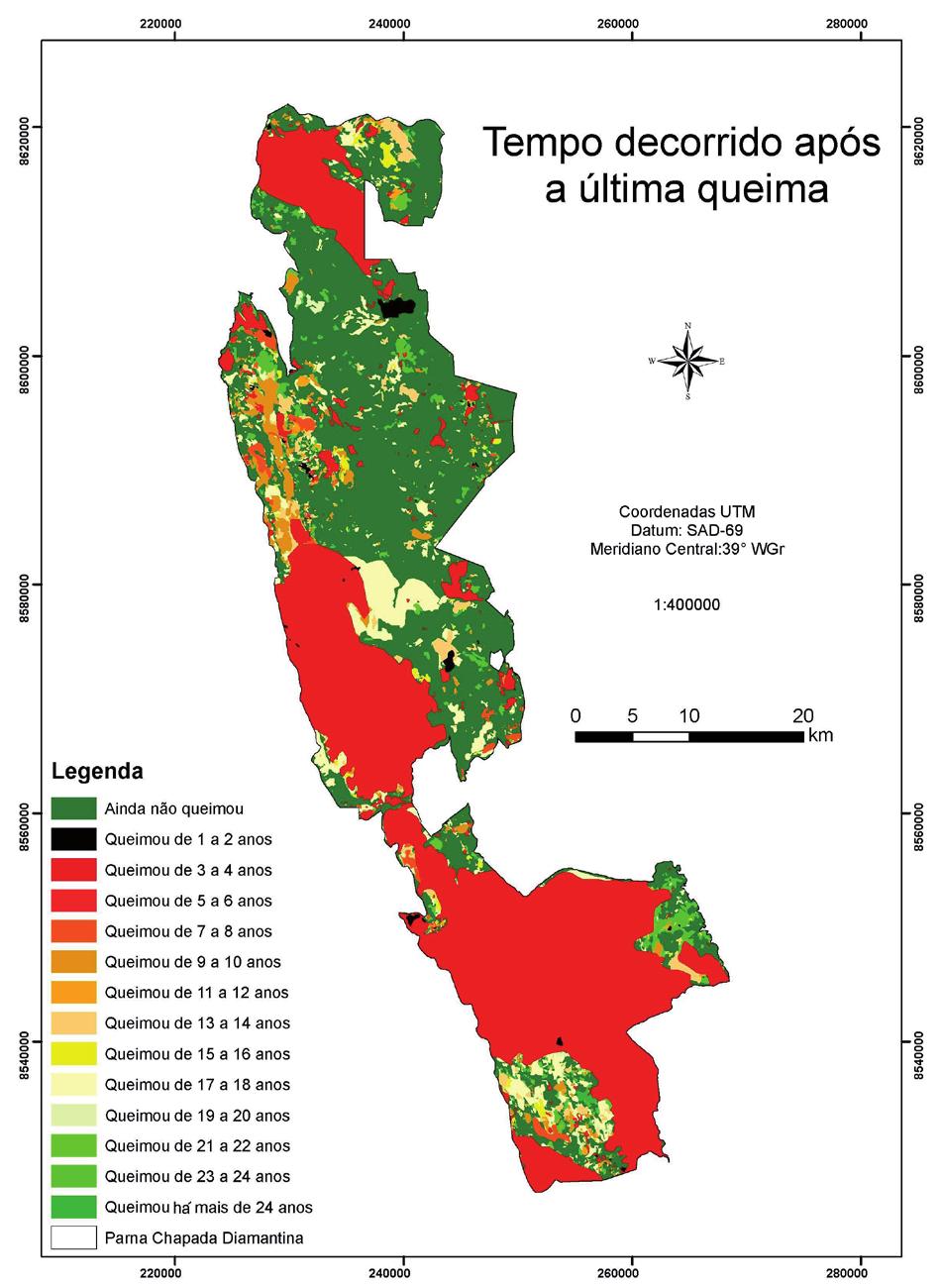 167 Figura 3 Mapa mostrando o tempo decorrido desde o último incêndio em cada área do Parque Nacional da Chapada Diamantina.
