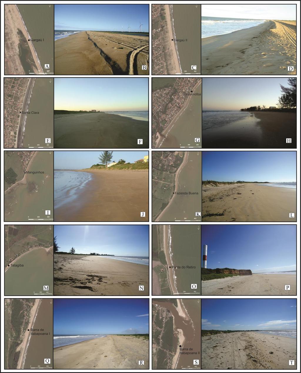 Figura 6 A, C, E, G, I, K, M, O, Q, S: Imagens de satélite (Basemap Arcgis) com os pontos de coleta e suas respectivas praias representadas pelas fotos: B: Gargaú I; D: Gargaú II; F: Santa Clara; H: