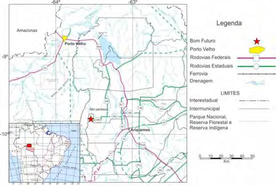 Figura 1: localização da Mina do Bom Futuro no Estado de Rondônia (modificado de Departamento Nacional de Intraestrutura de Transporte (DNIT), mapa rodoviário de Rondônia, 2002) 1.