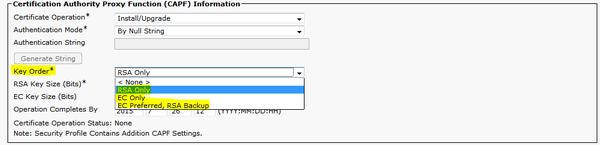 A opção existente do tamanho chave (bit) foi mudada ao tamanho chave RSA (bit). A ordem chave fornece o apoio para o RSA somente, o EC somente e o EC preferido, opções do backup RSA.