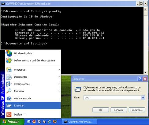 3. CRIAÇÃO DE AMBIENTE MULTIUSUÁRIO 3.1. Identificação do endereço IP Para localizar o endereço IP de seu computador acesse o menu <Iniciar> e <executar>.