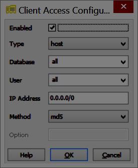 Na tela seguinte, marque Enabled e siga as instruções (35): Type: host Database: all User: all IP Address: IP do servidor (no