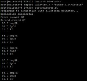 Resultado da comunicação com o Oxímetro Conclusão Nesta aplicação efetivamos a conexão entre o Intel Edison e um Oxímetro de pulso, por meio do canal de comunicação Bluetooth LE.