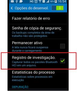 Habilitação bluetooth do registro Um arquivo é gerado dentro da pasta \Android\Data, geralmente com o nome btsnoop_hci.log.