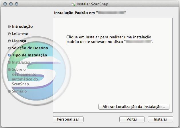 aa janela de autenticação será exibida. 10. Insira o nome do usuário, a senha do administrador e clique o botão [Instalar Software] (botão [OK] no Mac OS X v10.6). aa instalação será iniciada.