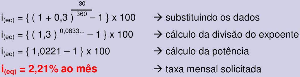 Unidade: Introdução a Matemática Financeira Na Fórmula Resposta: A taxa mensal equivalente seria de 2,21% ao mês.