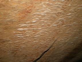 Escorrimentos foram observados em 5 cavernas em rochas siliciclásticas (CV 01, CV 02, CV 10, CV 8/9/16 e CV 22). A coloração varia de avermelhada a cinza escura e a ocorrência é restrita.