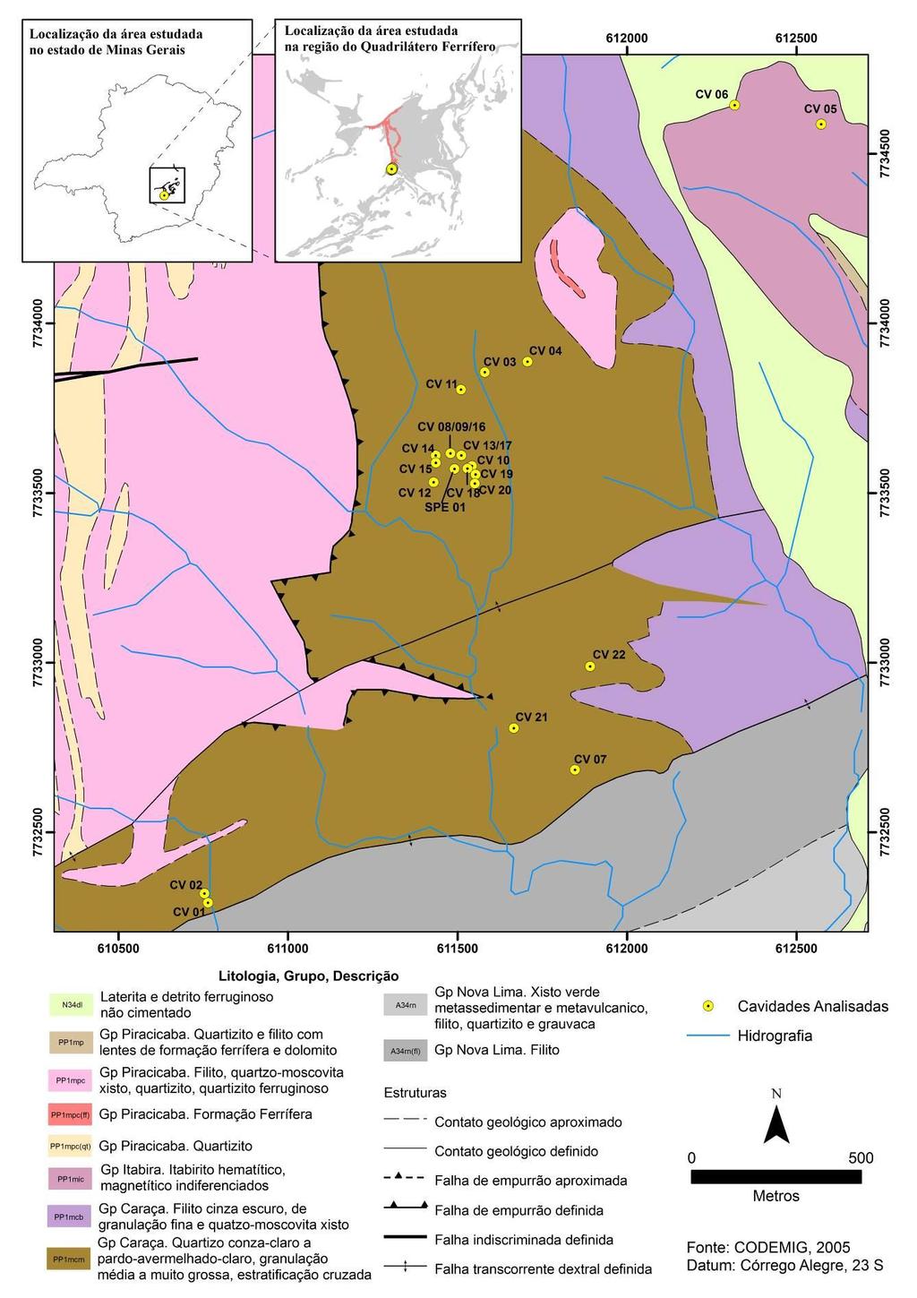 Figura 9: Localização das cavidades analisadas no mapa geológico (fonte: CPRM, 2003).
