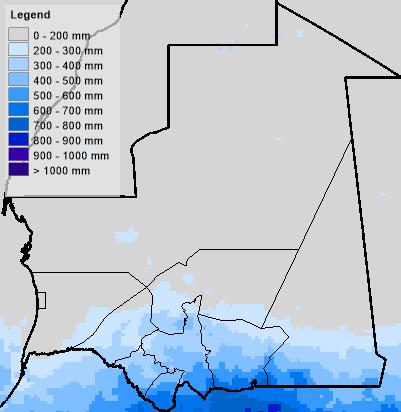 Precipitação acumulada (em MM), 21 Jun-20 Nov 2016, Mauritânia (RFE2) Precipitação acumulada em % da média de 2001-15, 21 Jun-20 Nov 2016, Mauritânia (RFE2) WRSI de fim-de-temporada (áreas