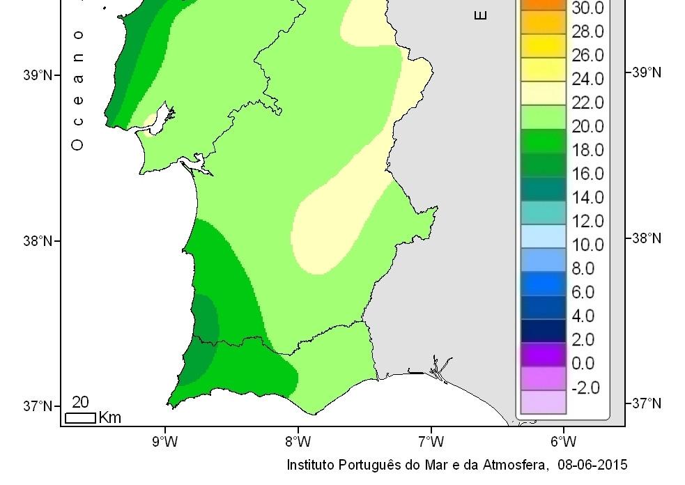 significativo nos valores da temperatura (Quadro I e Figura 1). Na 1ª década os desvios variaram entre +1.0 C em Setúbal e +3.8 C em Beja. Na 2ª década os desvios variaram entre +1.