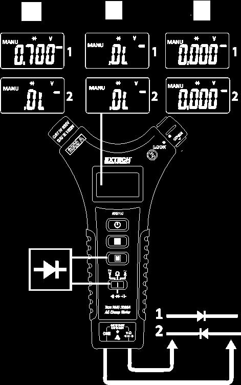 Pressione o botão M (Modo) para selecionar o modo de diodo. O display mostrará o símbolo do modo manual (MANU). 7.