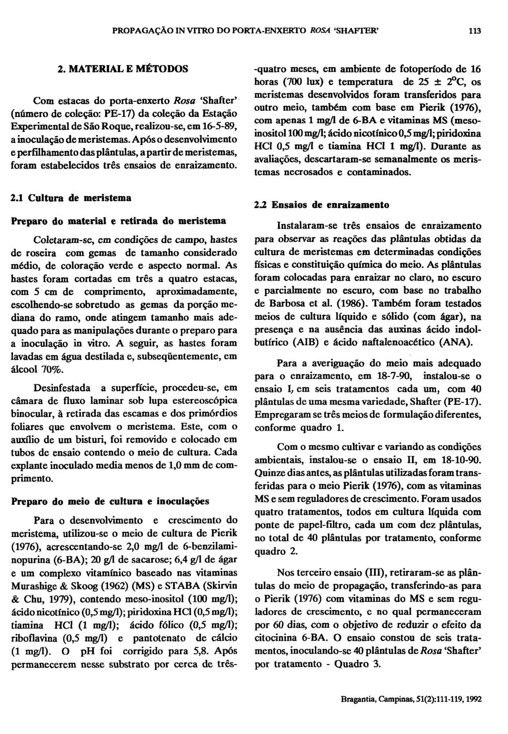 2. MATERIAL E MÉTODOS Com estacas do porta-enxerto Rosa 'Shafter' (número de coleção: PE-17) da coleção da Estação Experimental de São Roque, realizou-se, em 16-5-89, a inoculação de meristemas.