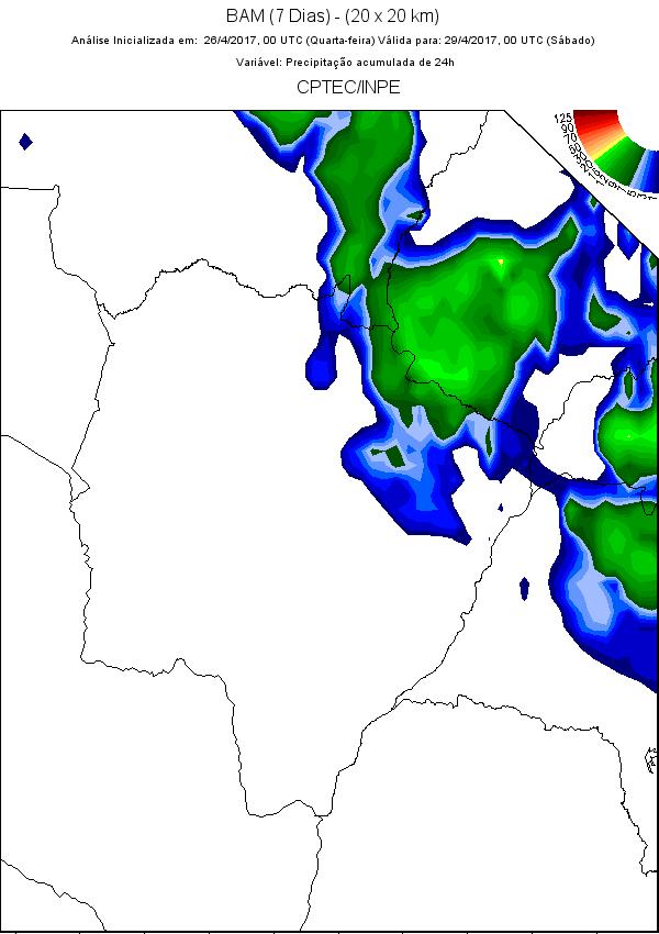 Figura 05: Previsão do tempo para 28, 29 e 30 de abril de 2017, respectivamente. Fonte: previsaonumerica.cptec.inpe.