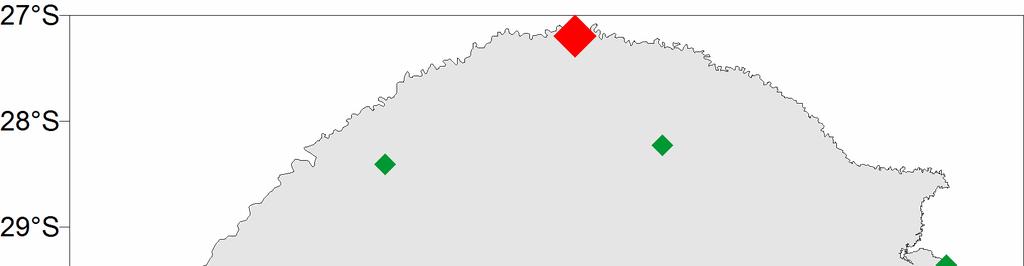 Ainda para a fase negativa, mas para a análise da relação El Niño e geadas abaixo da normal (figura 1(c)), nota-se que a significância estatística é ainda maior, para a maioria das estações.