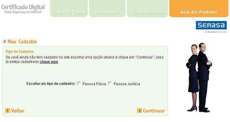 Verifique sua situação cadastral, escolha o tipo de cadastro e clique em