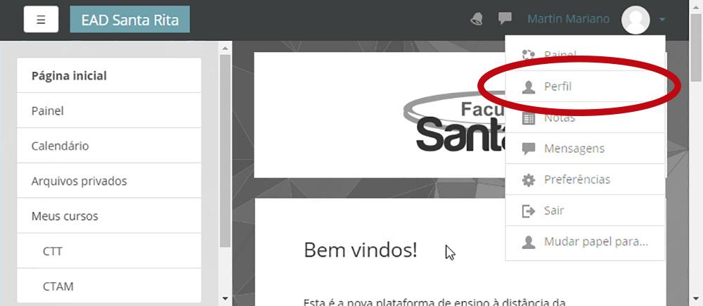 Acessando o Perfil do Usuário Esta é a barra superior de navegação, e para acessar o seu perfil de usuário e poder mudar sua