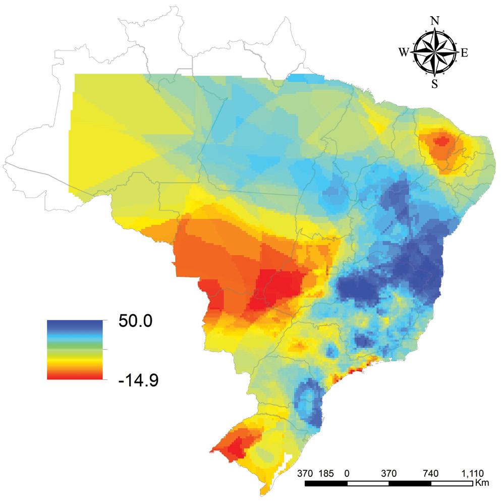 Posteriormente, realizou-se a estatística descritiva (média, mediana, desvio padrão, mínimo e máximo) de cada nova isozona, para verificar a dispersão nos valores das relações de precipitação,